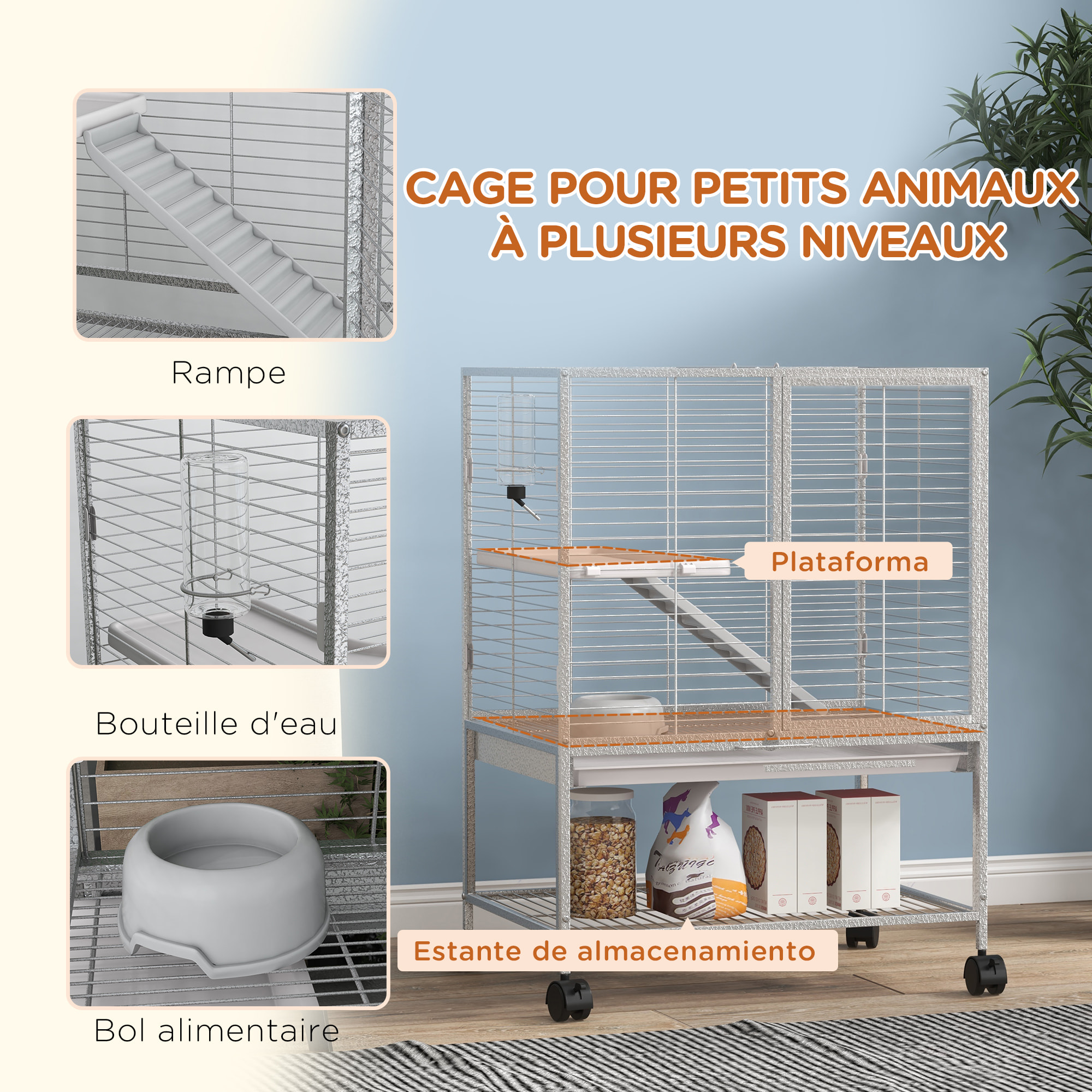 Cage pour rongeurs furet chinchilla plateforme rampe 2 portes biberon gamelle plateau étagère acier gris clair