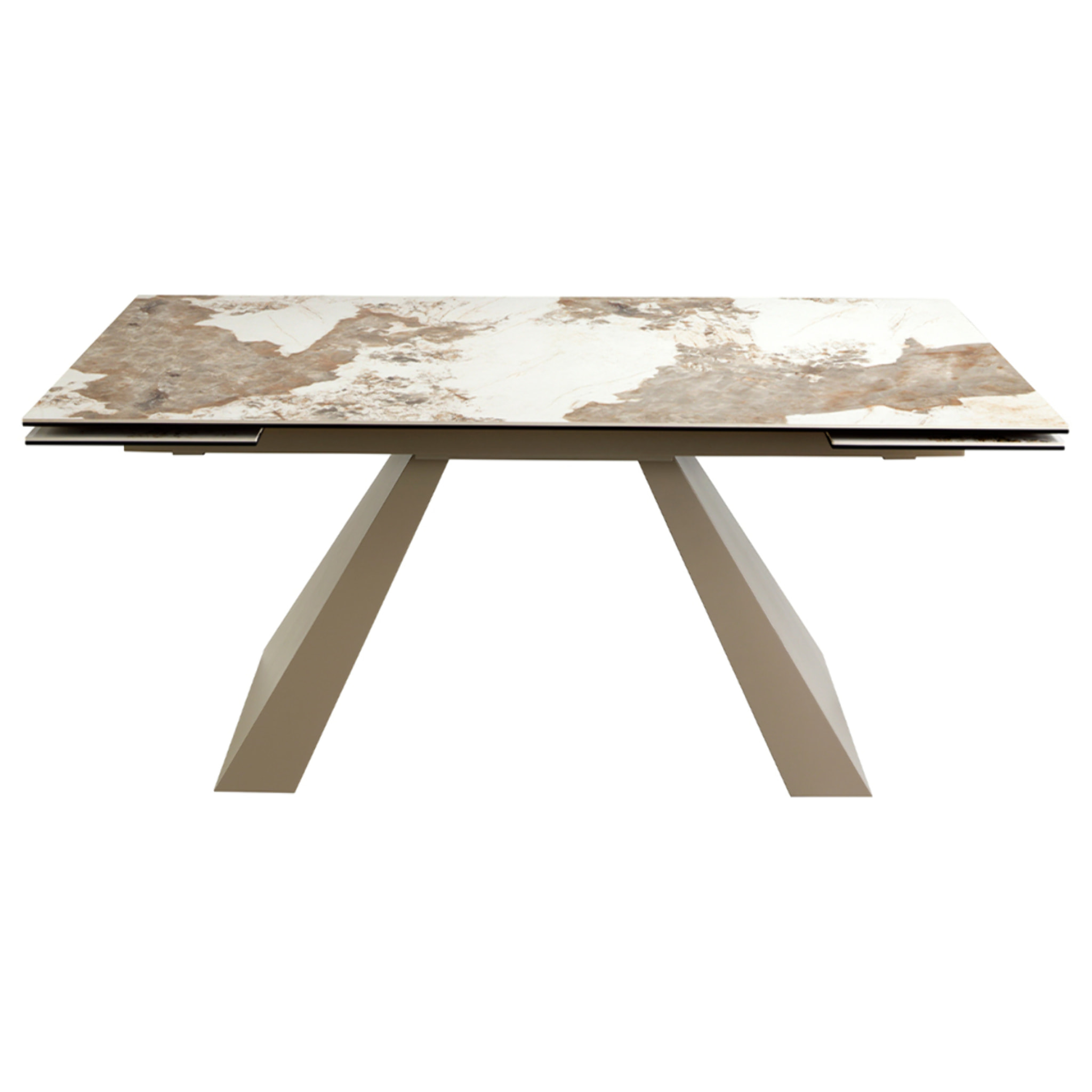Mesa comedor extensible rectangular con tapa de mármol porcelánico blanco con vetas en tonos tierra en acabado brillo 180x90x76cm