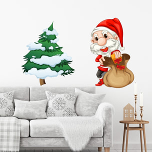 Sticker Noël le petit Père Noël et son sapin - Autocollants stickers adhésifs noël - décoration fêtes