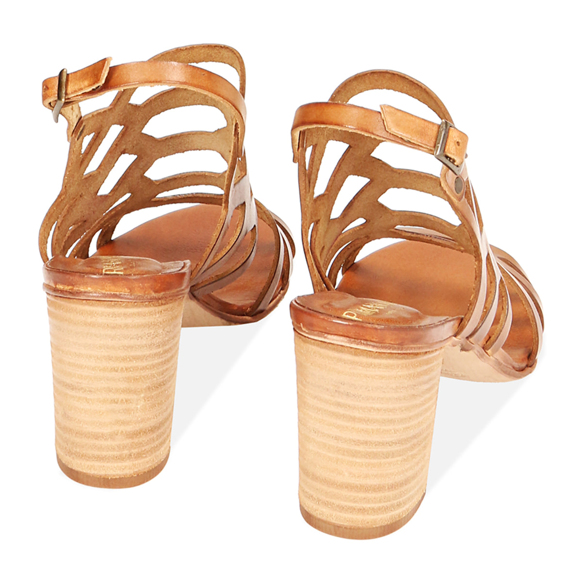 Sandalias con tacón color coñac en cuero vacuno