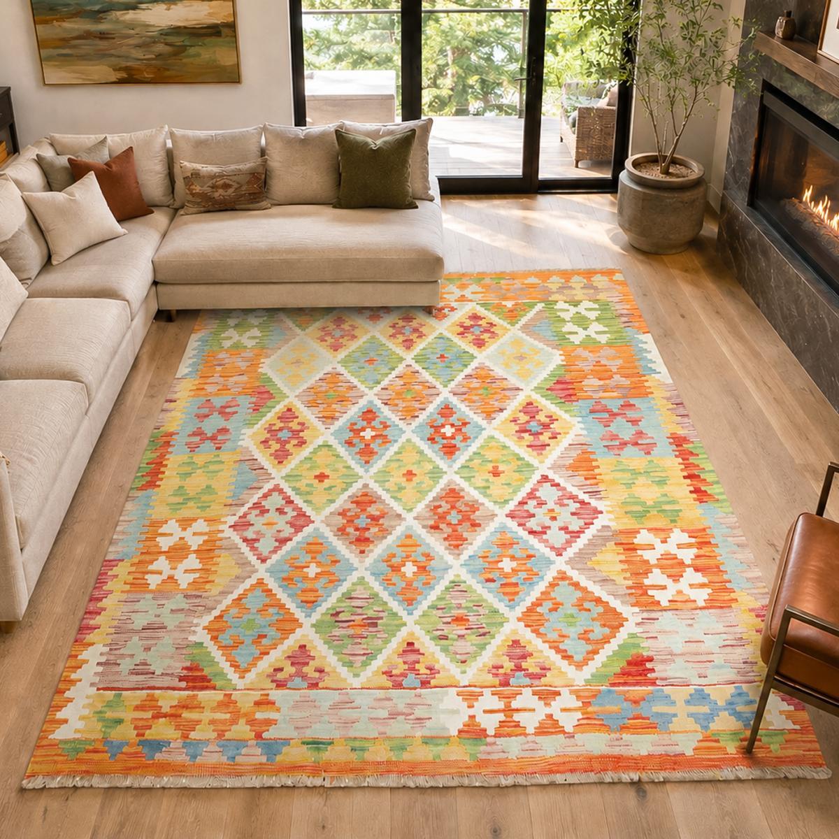 Tapis kilim géométrique, tissé plat en laine, VEZIZE