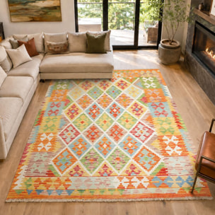 Tapis kilim géométrique, tissé plat en laine, VEZIZE