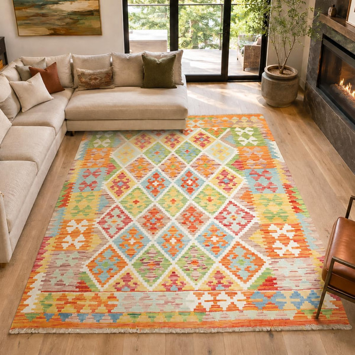 Tapis kilim géométrique, tissé plat en laine, VEZIZE