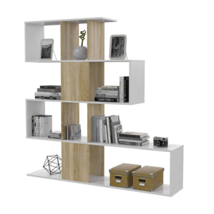 Libreria Pueblo, Mobile portalibri con 7 scomparti, Scaffale moderno da ufficio, Mobile da parete con ripiani, cm 145x29h145, Bianco e Rovere