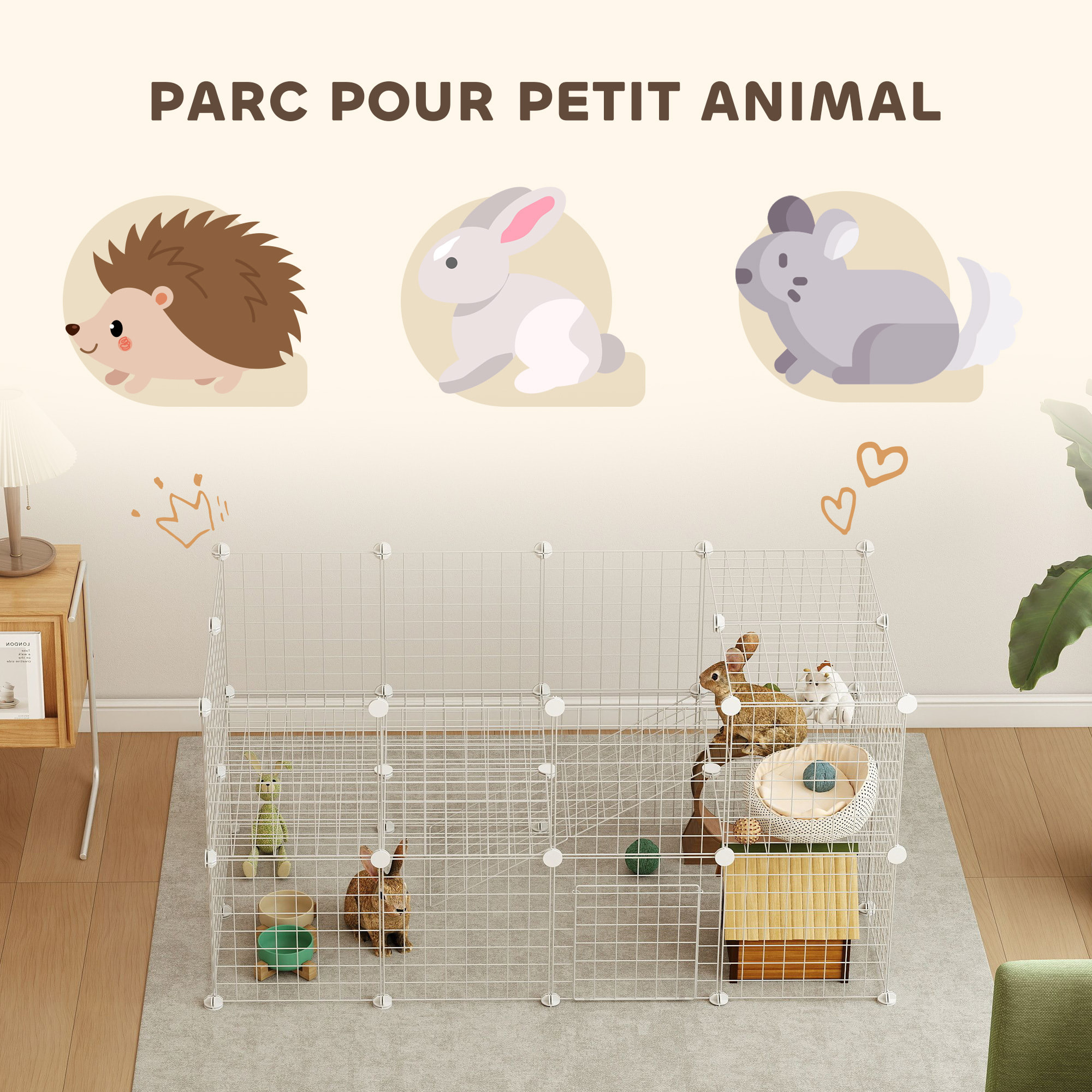 Cage parc enclos pour animaux domestiques L 146 x l 73 x H 73 cm modulable 2 niveaux 36 panneaux bords arrondis fil métallique blanc