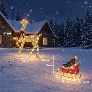 Renne et traîneau lumineux de Noël 95 LEDs blanc chaud 8 modes