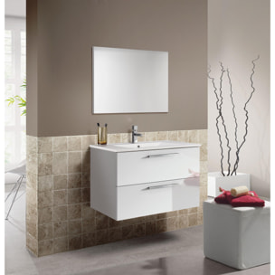 Mobile sottolavabo Inglewood, Mobiletto per bagno sospeso, Armadio a 2 cassetti e specchio, cm 80x45h57, Bianco lucido