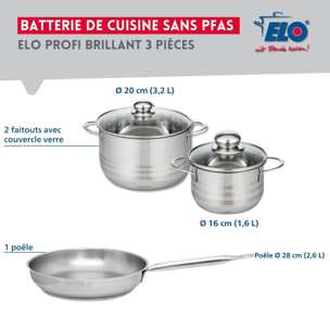 Ensemble de 1 Poêle de cuisson 28 cm et 2 faitouts 16 et 20 cm Elo Profi Brillant