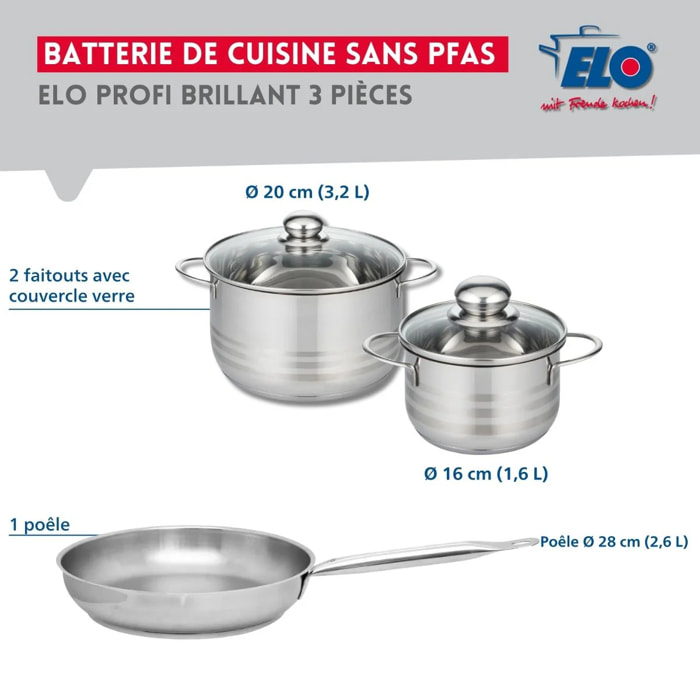 Ensemble de 1 Poêle de cuisson 28 cm et 2 faitouts 16 et 20 cm Elo Profi Brillant