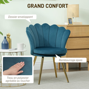 Chaise coquillage chaise design pieds métal dorés effilés velours bleu