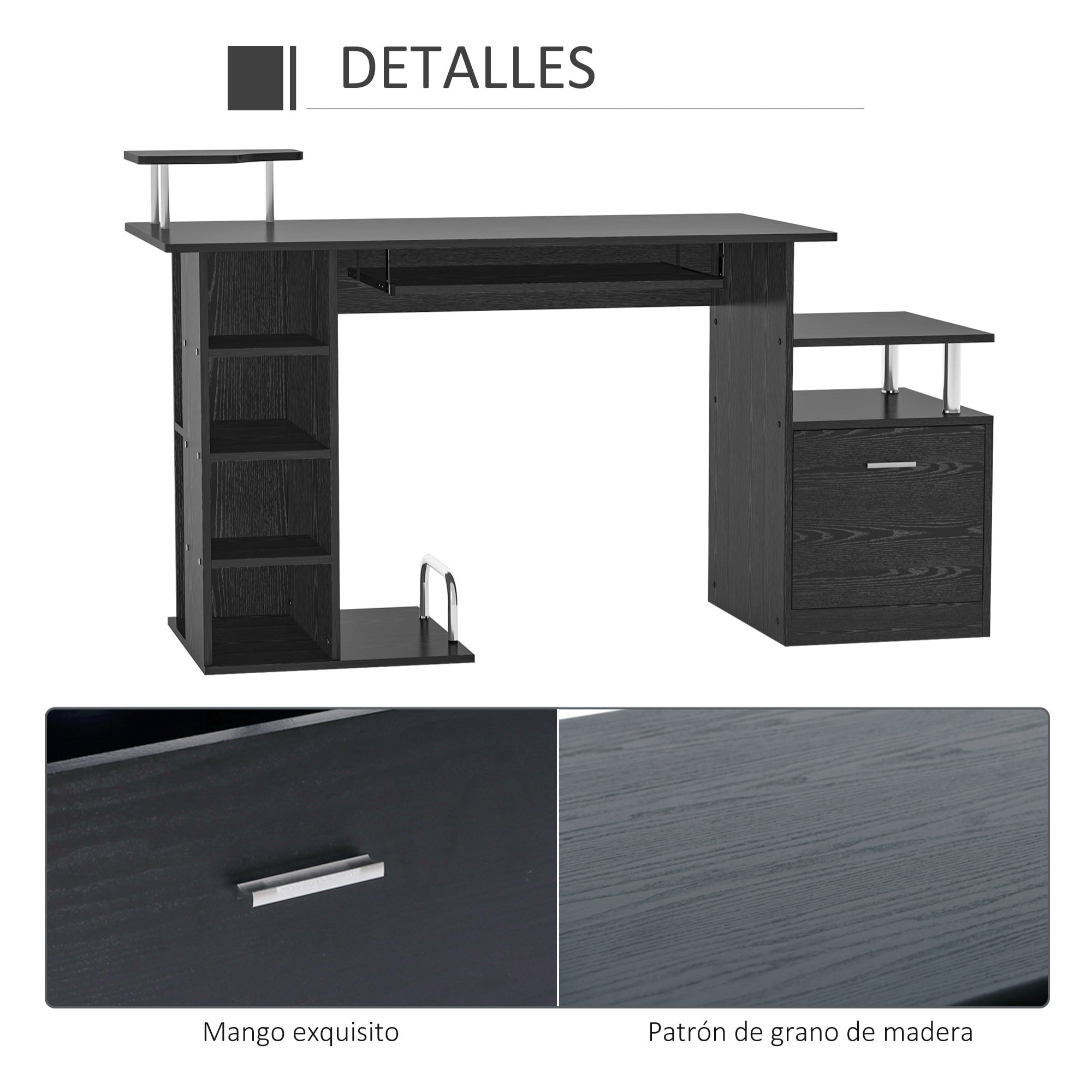 Mesa de Ordenador Mesa de Escritorio con 6 Estantes Cajón Bandeja de Teclado y Soportes para Monitor Impresora para Oficina Estudio 152x60x88 cm Negro