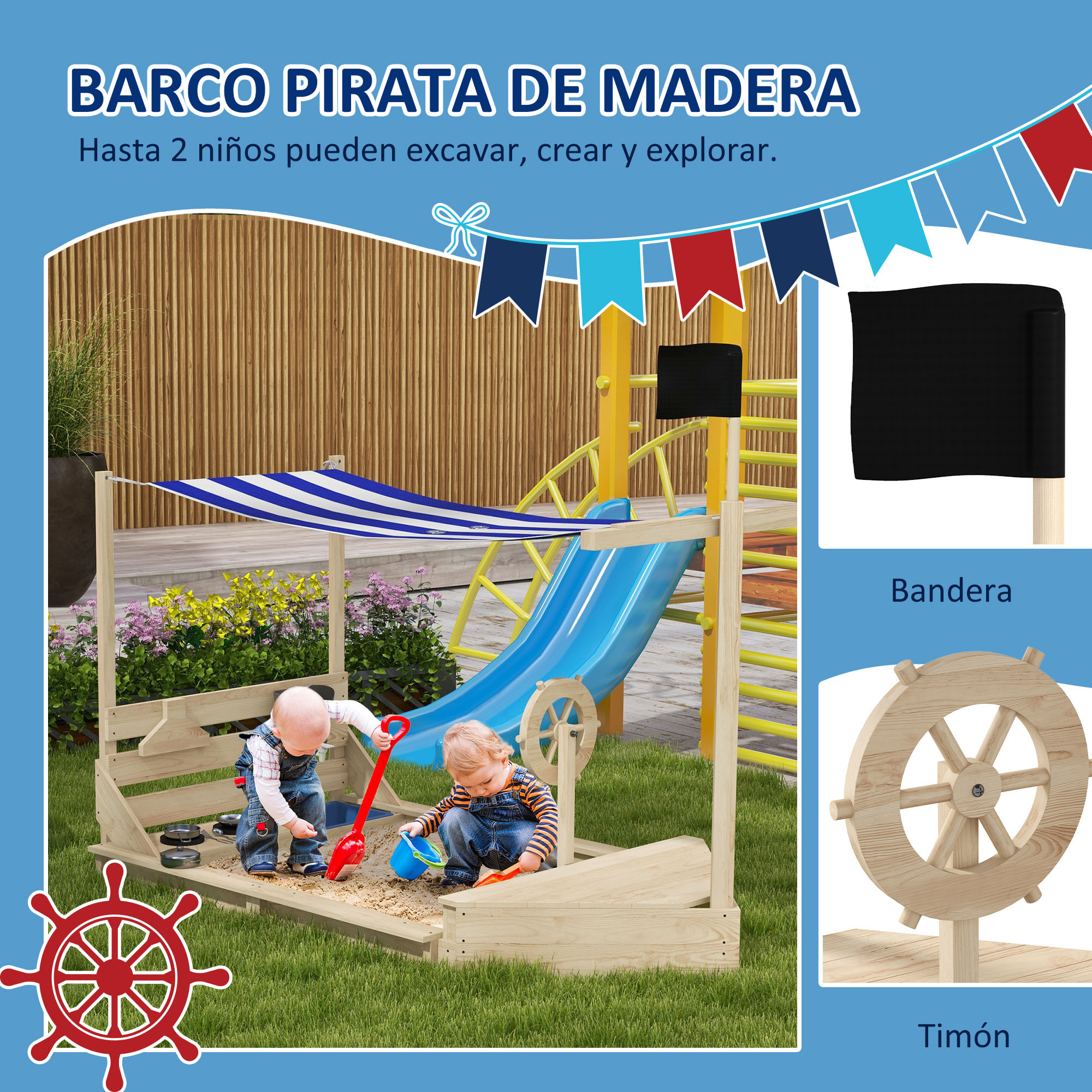 Arenero para Niños de Madera Arenero Infantil con Toldo Volante Juguetes de Cocina y Forma de Barco Pirata para Patio Jardín 180x103x144,5 cm Natural