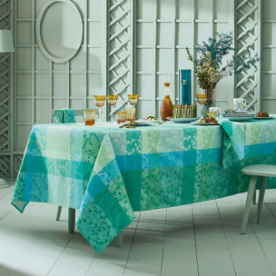 Set pur coton motif jacquard bleu vert Mille feuillages turquoise