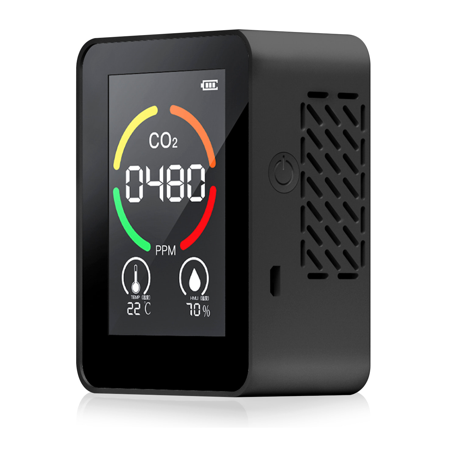 Monitor della qualità dell'aria interna. Rilevamento di CO2, con allarme acustico e visivo. Termometro, TVOC e igrometro.