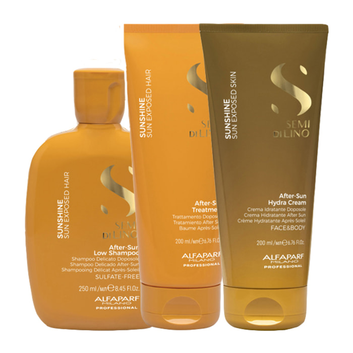 Kit ALFAPARF MILANO: Champú Semi Di Lino Sunshine 250 ml + Tratamiento 200 ml + Crema Hidratante 200 ml + Bolsa de regalo