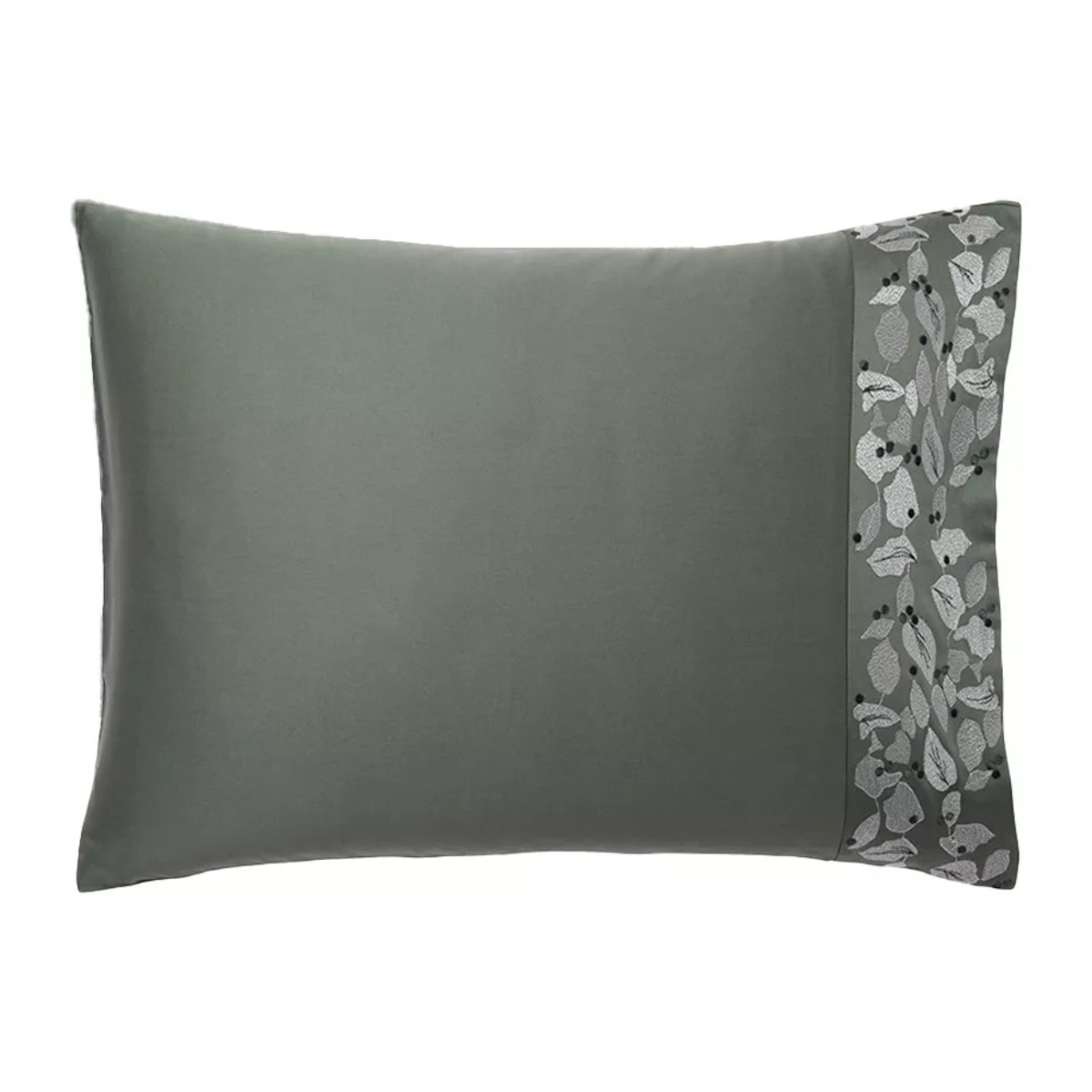 Taie d'oreiller satin de coton brodé vert Cayla cedre