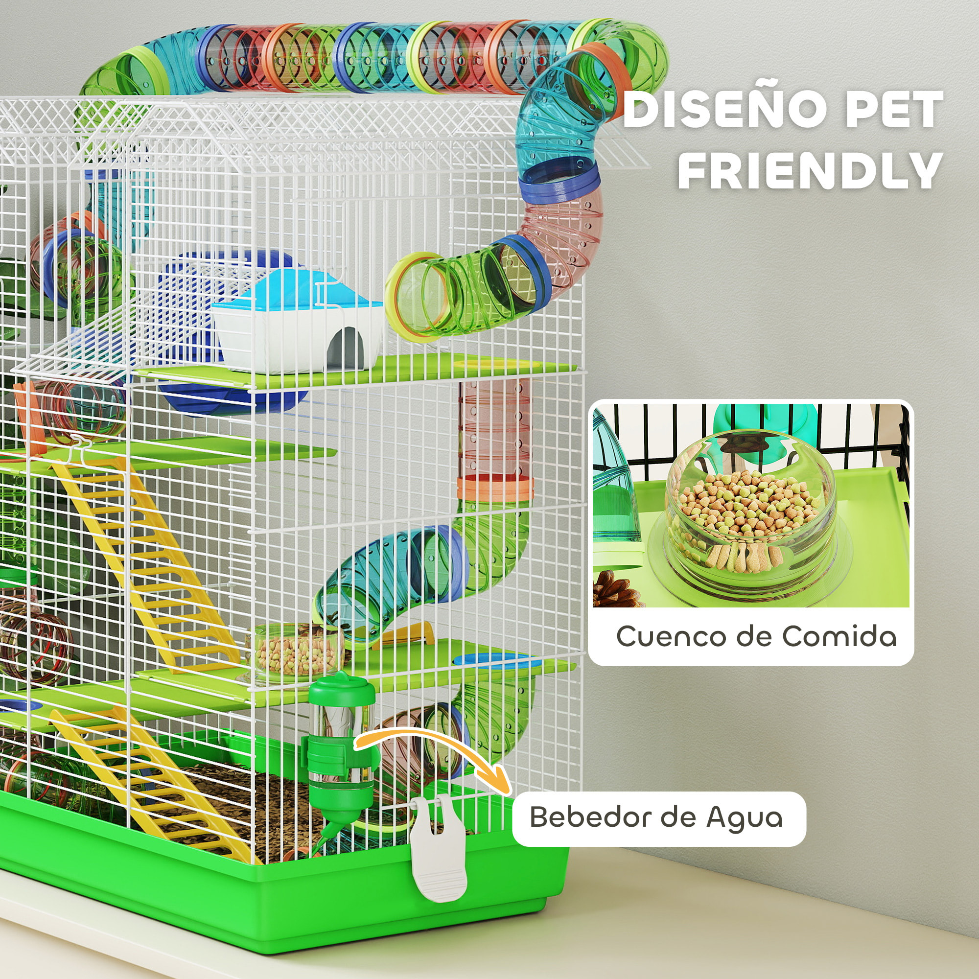 Jaula para Hámster de 5 Niveles, 47x30x59 cm, Casa para Animales Pequeños con Túnel, Comedero, Bebedero, Casita, Rueda de Ejercicio, Escaleras, para Ratas y Jerbos, Verde