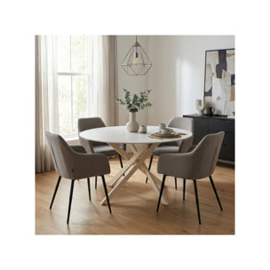 Table ronde D.130cm céramique blanc marbré pieds croisés métal – ROSALIE