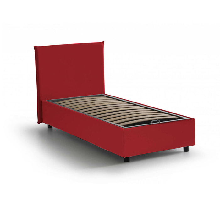 Letto singolo Ajan, Letto contenitore con rivestimento in tessuto, 100% Made in Italy, Apertura frontale, adatto per materasso Cm 90x190, Rosso