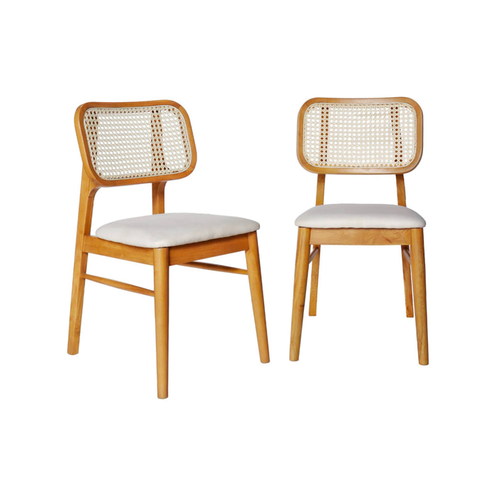 Lot de 2 chaises bois d'hévéa. cannage et tissu beige. bohème. L 43 x P 55 x H 81cm