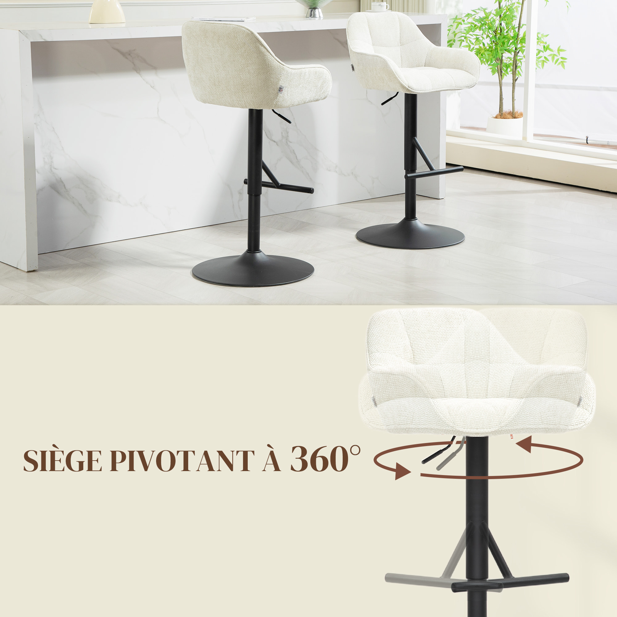 Lot de 2 tabourets de bar design effet capitonné - réglable, pivotant - acier noir mat tissu effet lin crème