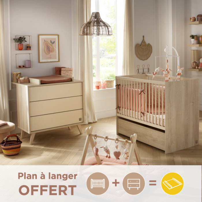 Chambre bébé évolutive Mélinée, Lit 120x60 évolutif et Commode à langer 3 tiroirs - Chêne sépia