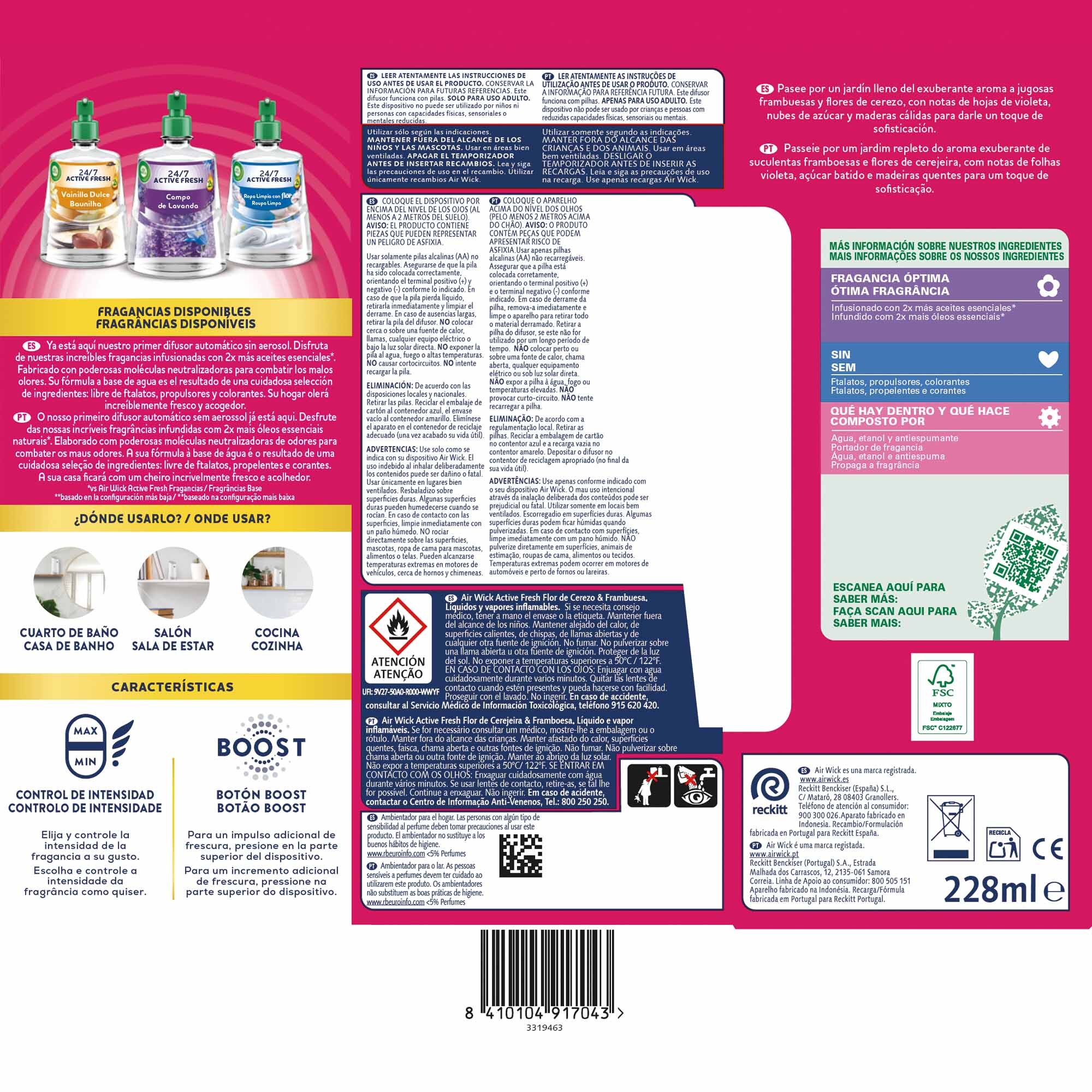 Air Wick Active Fresh Spray Automatico Sin Aerosol - Ambientador para casa con aroma a Flor de Cerezo y Frambuesa - Aparato y recambio