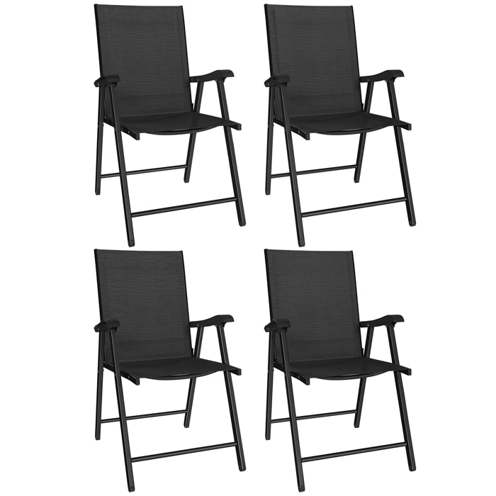 Pack de 4 Sillas de Camping Plegables, Sillas de Jardín Exterior con Respaldo Alto y Reposabrazos, Tela Textilene Transpirable y Marco de Acero para Terraza, Playa, 58x62x97 cm, Negro