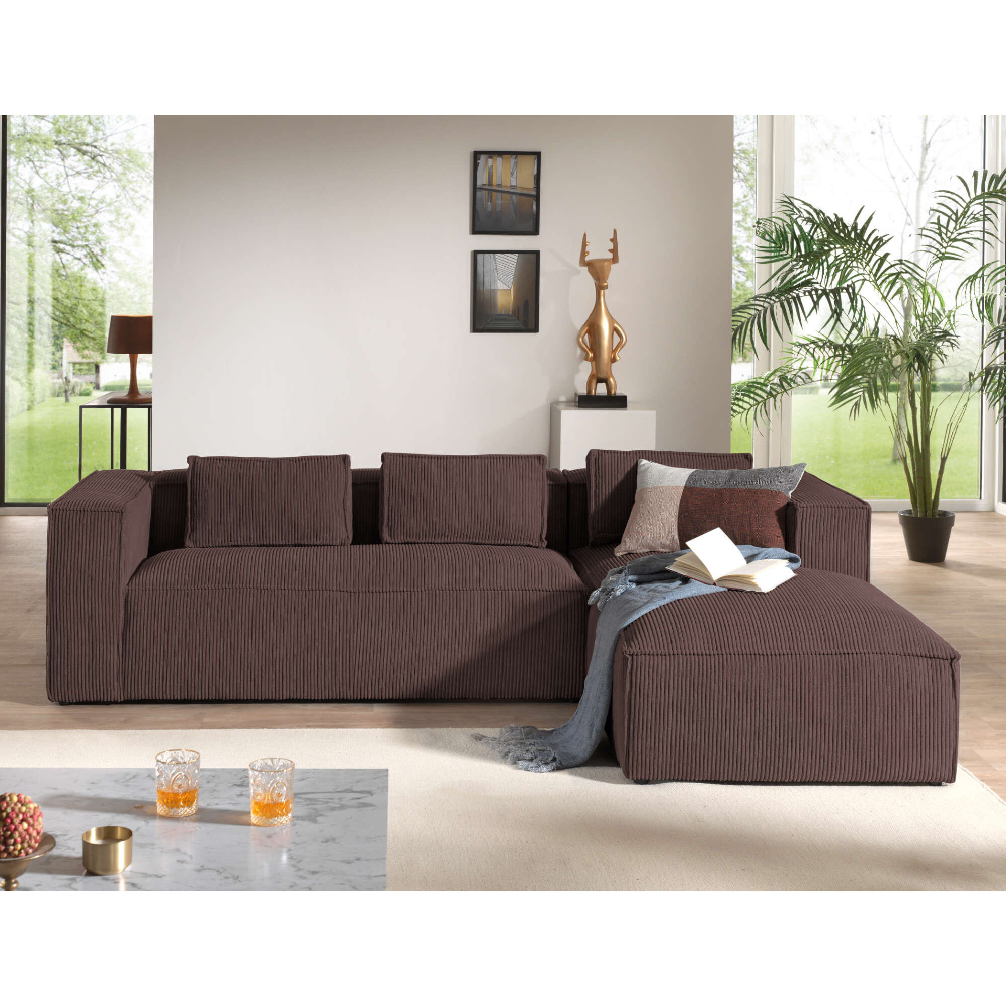 Stella - canapé d'angle droit en velours côtelé - 4 places -style contemporain - Marron