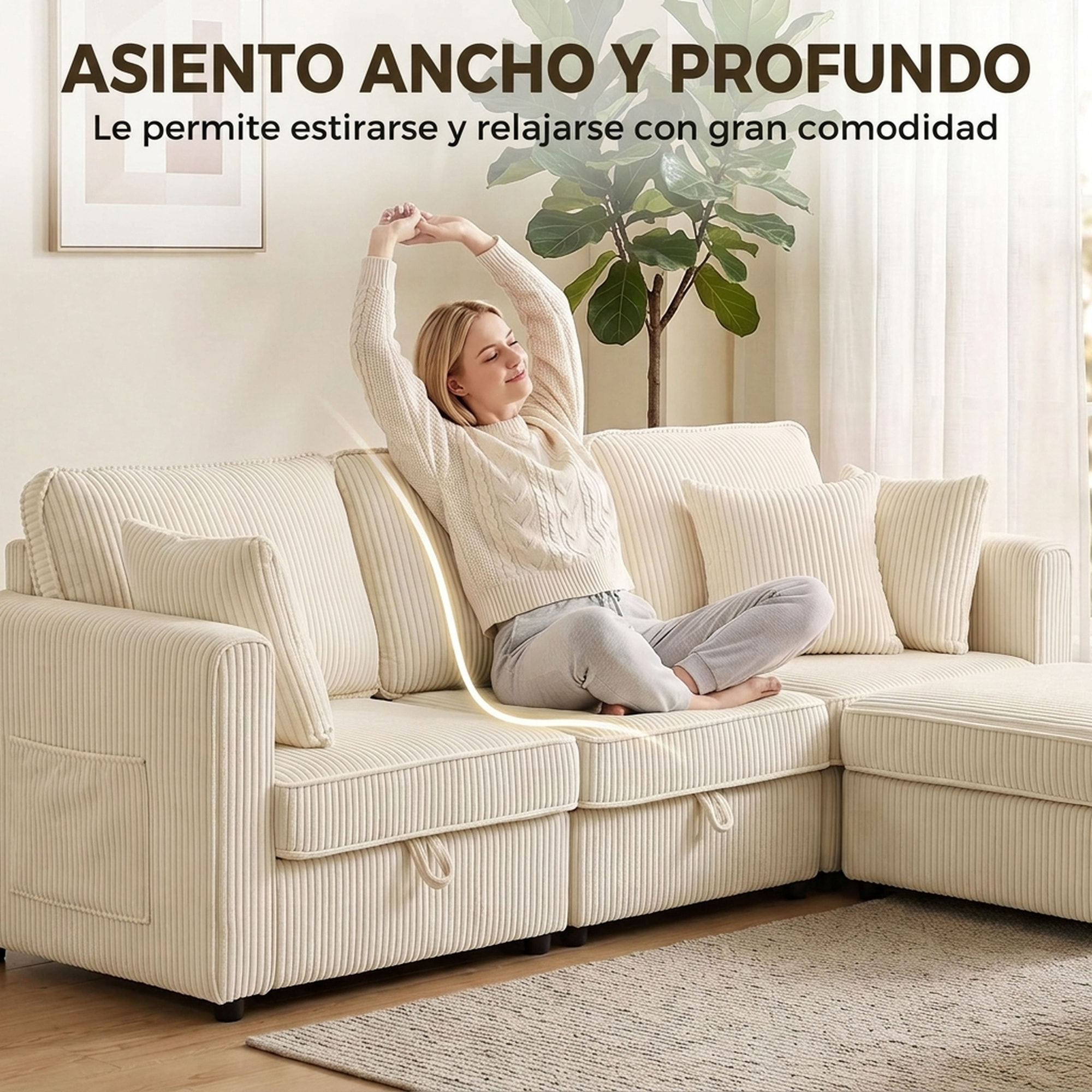 HOMCOM Sofá de 3 Plazas Seccional con Almacenaje, 235 cm, Sofá Modular de Pana con Otomana Reversible, en Forma de L, Asiento Ancho y Profundo, 3 Almohadas, Bolsillos Laterales, Crema