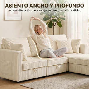 HOMCOM Sofá de 3 Plazas Seccional con Almacenaje, 235 cm, Sofá Modular de Pana con Otomana Reversible, en Forma de L, Asiento Ancho y Profundo, 3 Almohadas, Bolsillos Laterales, Crema