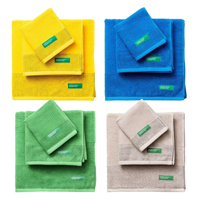 Set de 4 juegos de 3 toallas (4x 30x50cm + 4x 50x90cm + 4x 70x140cm) 450gsm de 100% algodón - verde, gris, gris oscuro y beige benetton
