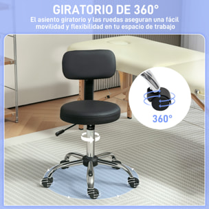 Taburete Giratorio Taburete con Ruedas y Respaldo Taburete de Trabajo con Altura Regulable 78-93 cm Asiento Tapizado de Cuero Sintético Negro