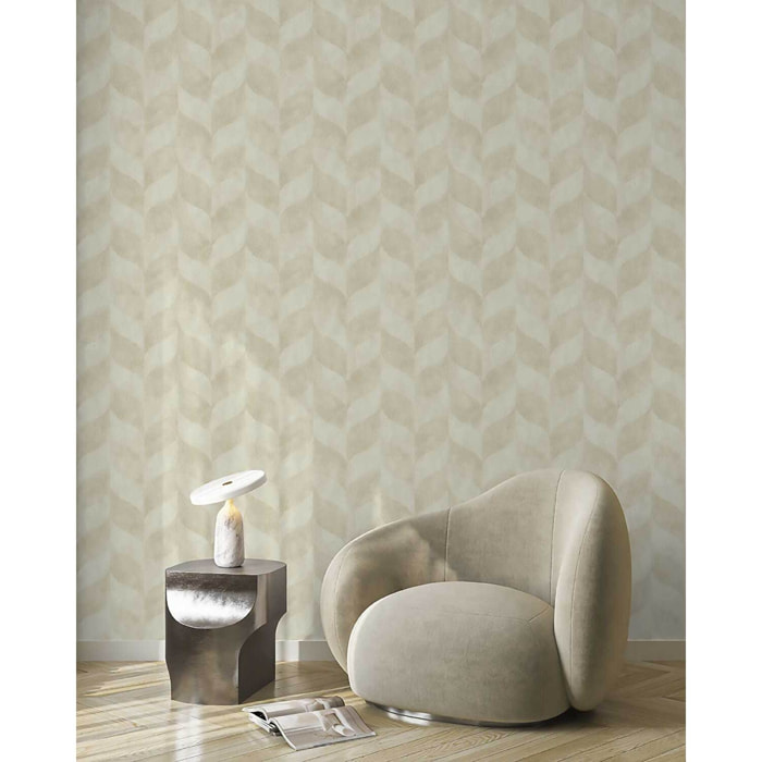 Papier peint géométrique feuilles beige doré