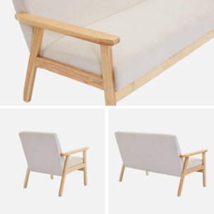 Canapé banquette 2 places + Fauteuil velours côtelé. pieds bois. crème