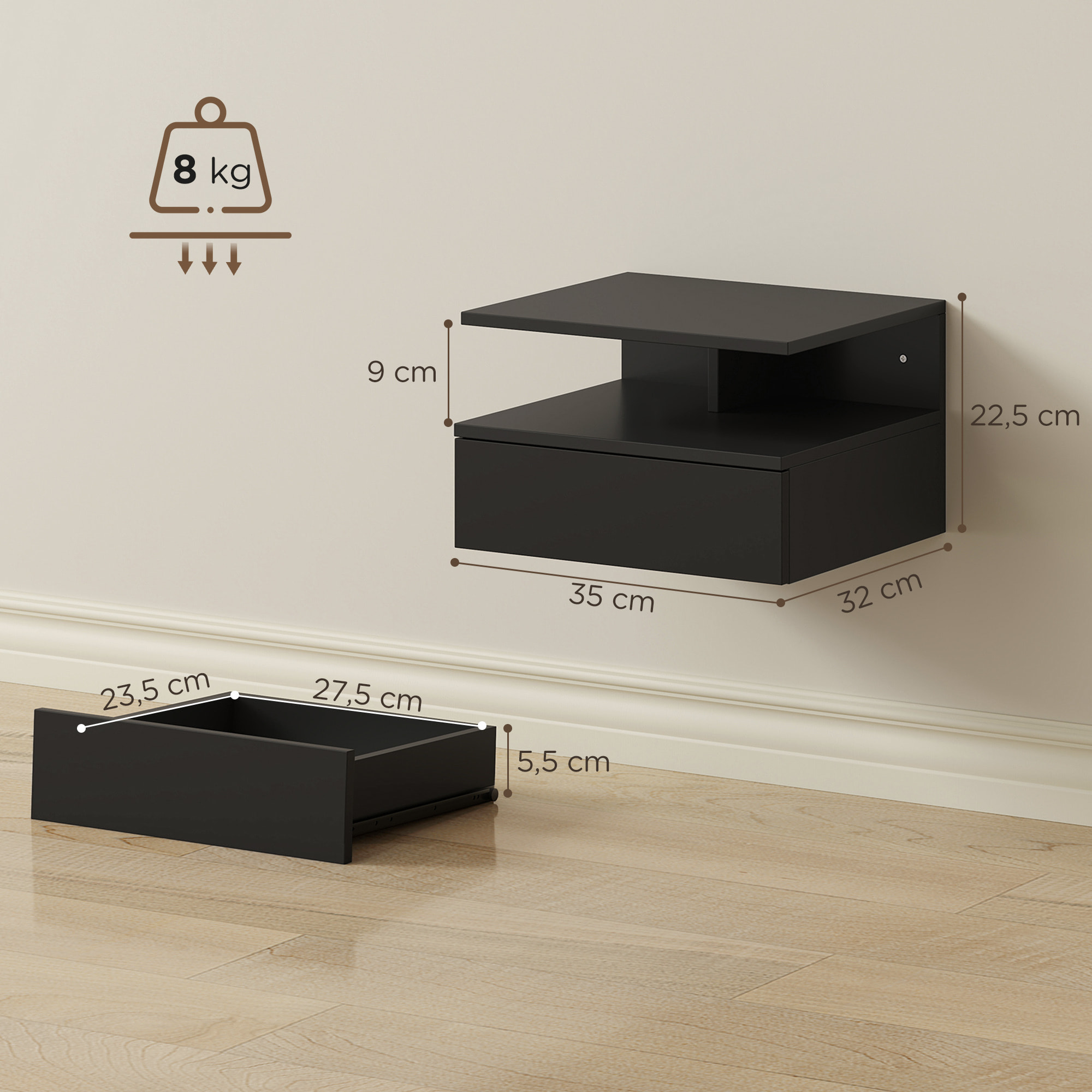 Juego de 2 Mesitas de Noche Flotantes con Cajón, Mesillas de Noche Dormitorio, Montado en la Pared, Estilo Moderno, para Sala de Estar, 35x32x22,5 cm, Negro