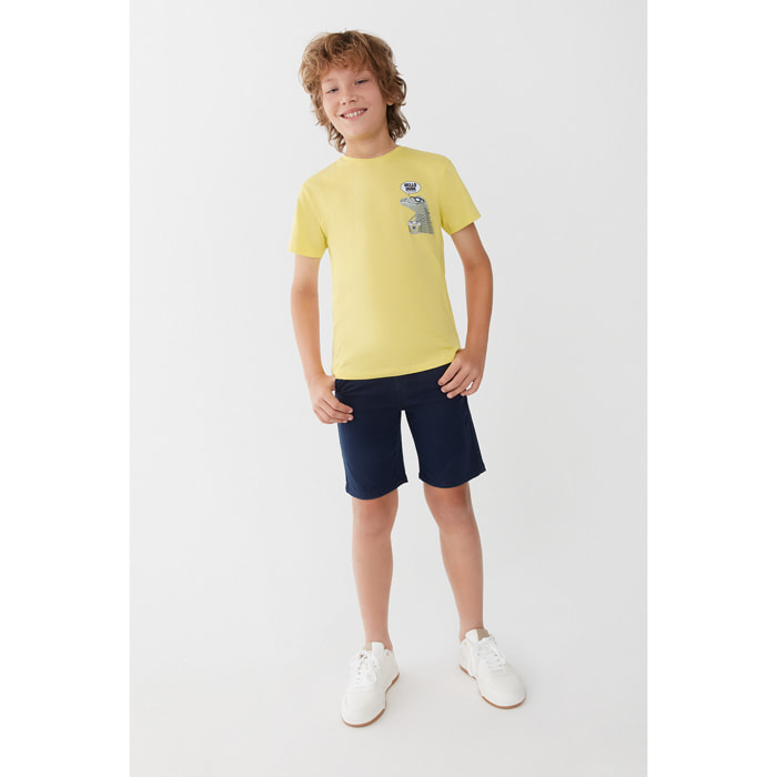 Camiseta Niño Manga Corta 100 % Algodón Estampado Dinosaurio con Cámara, Cuello Redondo, Corte Regular, Ideal Verano y Uso Escolar | Color: Maiz | Street Monkey