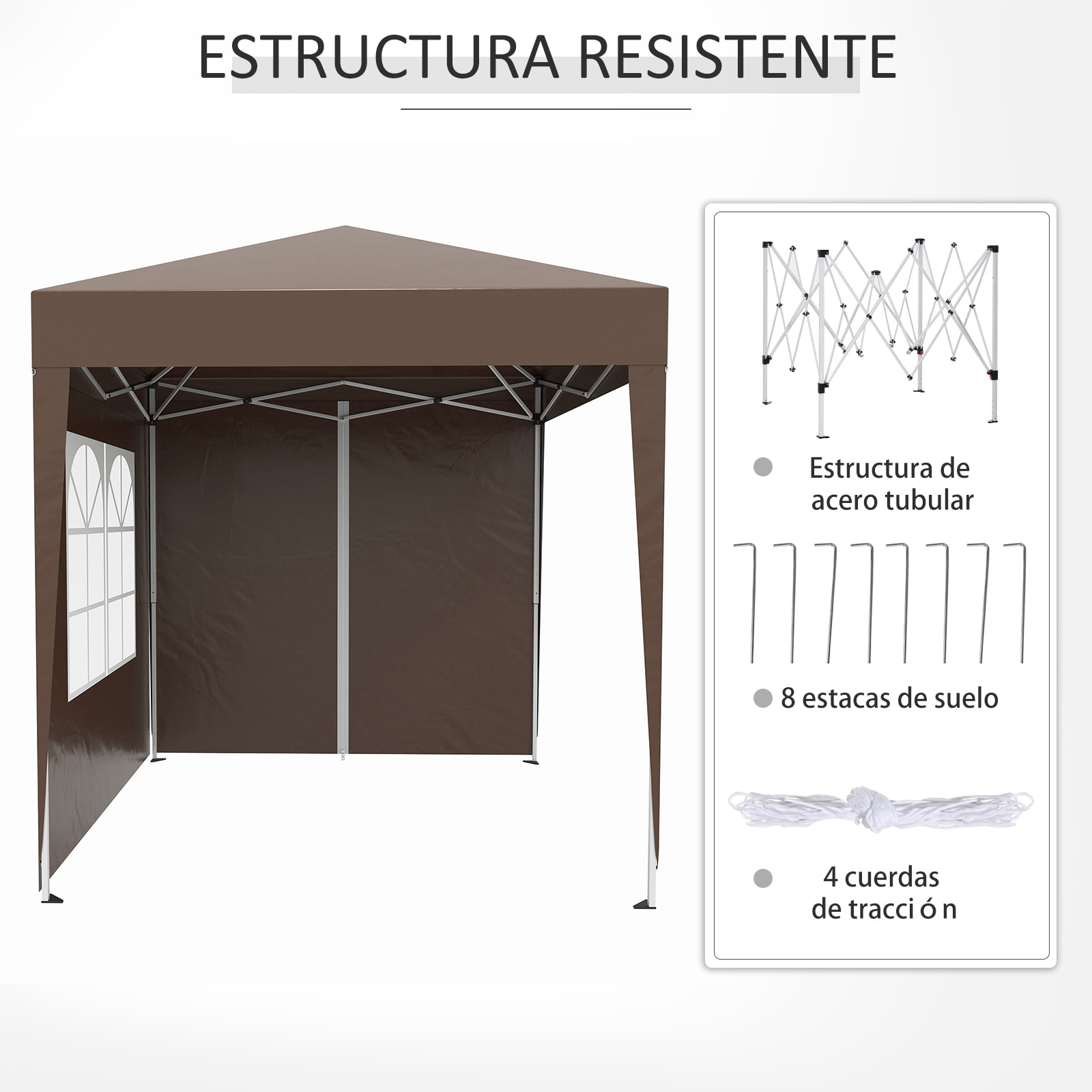 Carpa Plegable Gazebo 2x2 m Cenador de Jardín con 4 Paredes Laterales Tela Oxford 2 Puertas 2 Ventanas y Bolsa de Transporte para Exterior Terraza Camping Fiestas Marrón