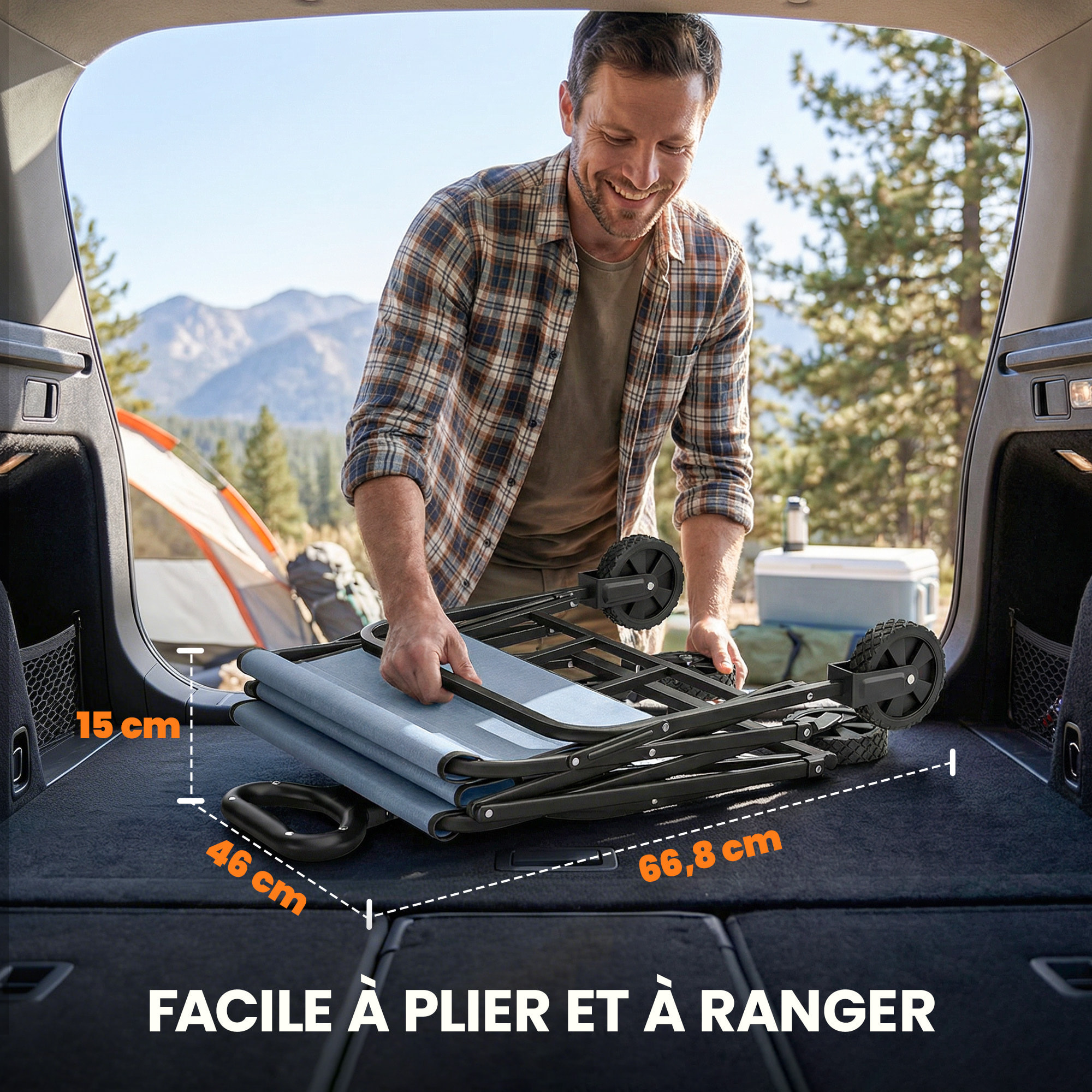 Chariot de jardin plage pliable 66L poignée télescopique métal polyester gris