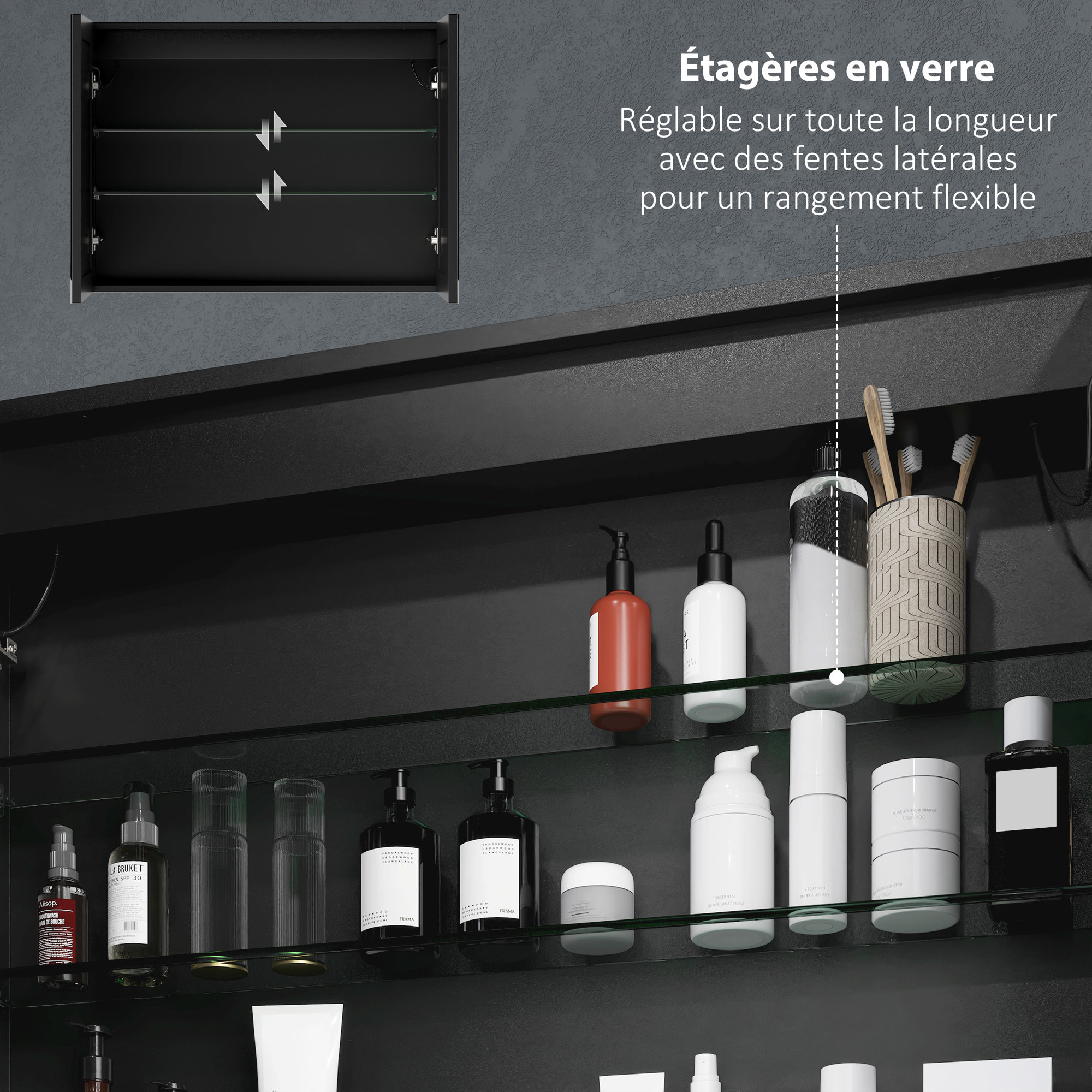 Armoire murale salle de bain  2 portes miroir lumineux LED intégré 60 x 80 cm 2 étagères verre alu noir