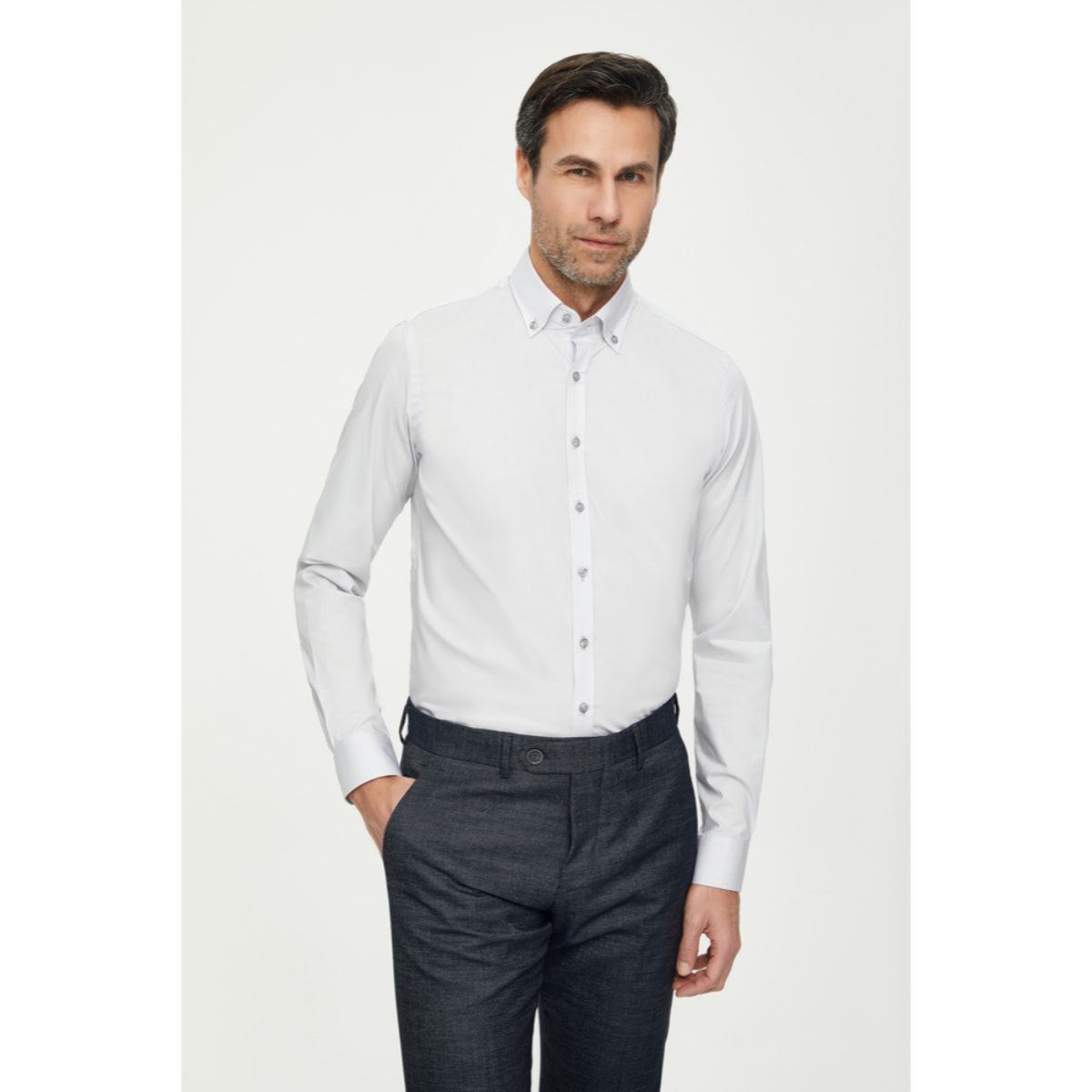 Camicia Uomo 1 Bottone Button Down Slim Popeline Stretch Unito Grigio