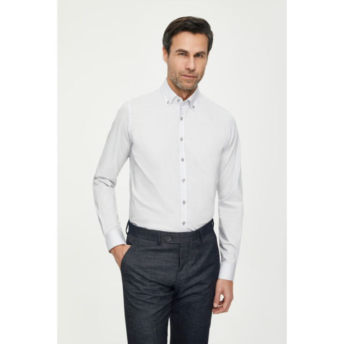 Camicia Uomo 1 Bottone Button Down Slim Popeline Stretch Unito Grigio