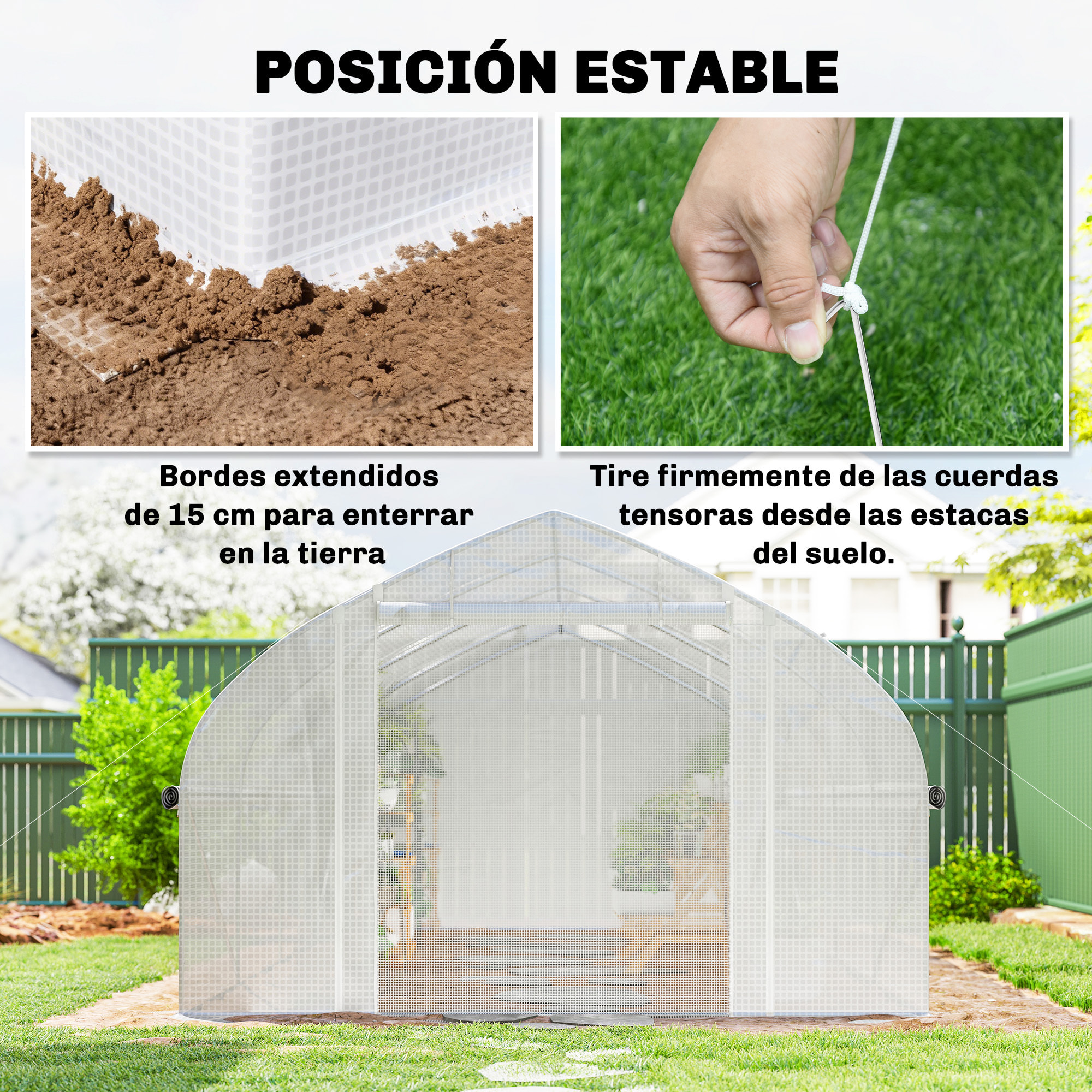Invernadero de Exterior, 6x3x2 m, Invernadero de Túnel con 8 Ventanas, Cubierta de PE, Anti-UV y Puerta Enrollable con Cremallera, Paredes Laterales con Malla, para Cultivos, Plantas, Blanco