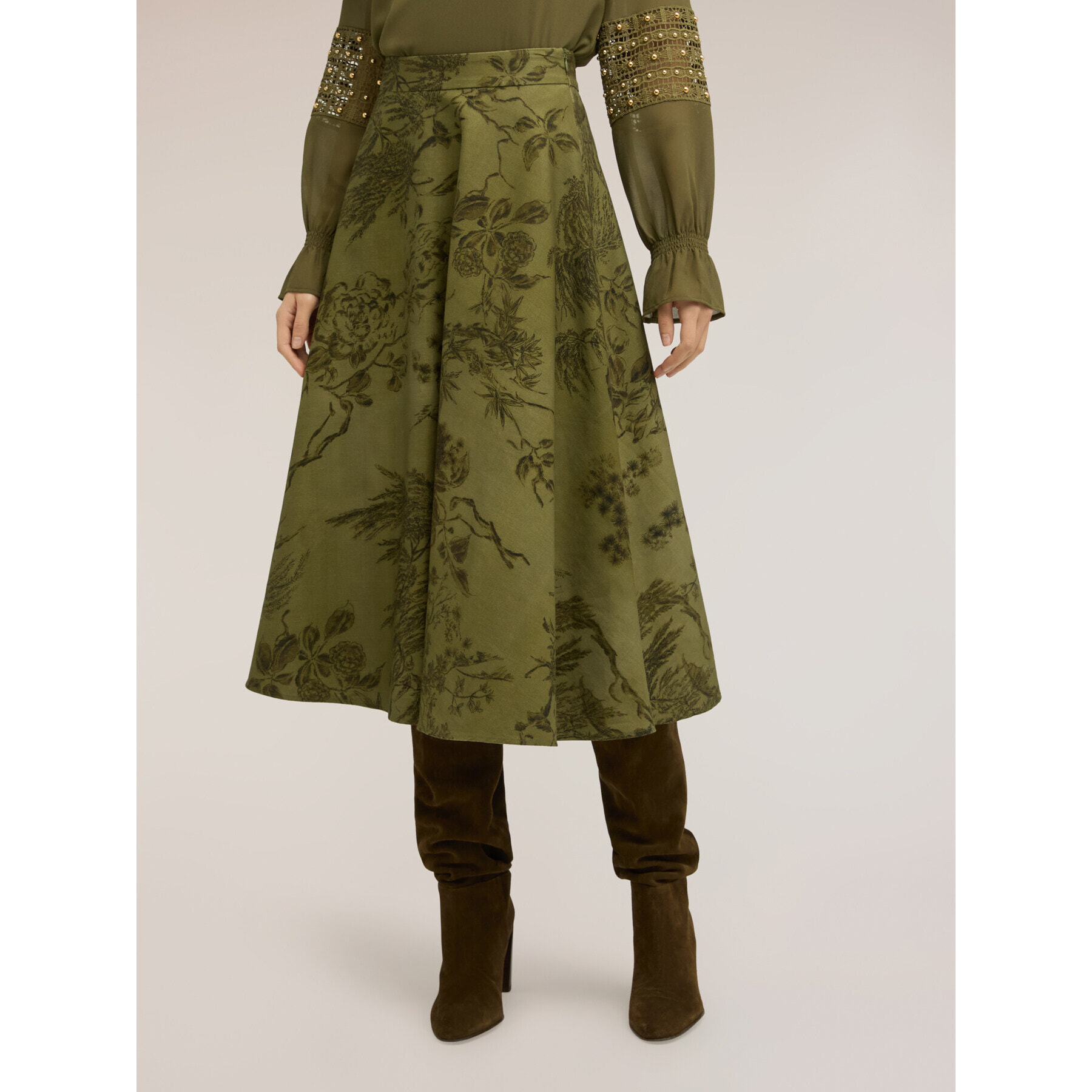 Motivi - Falda midi de vuelo con estampado botánico - Verde militare
