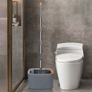 Mopa giratoria con cubo de separación de agua limpia y sucia, sistema manos libres y cabezal 360°. Apta para limpieza en seco y húmedo.