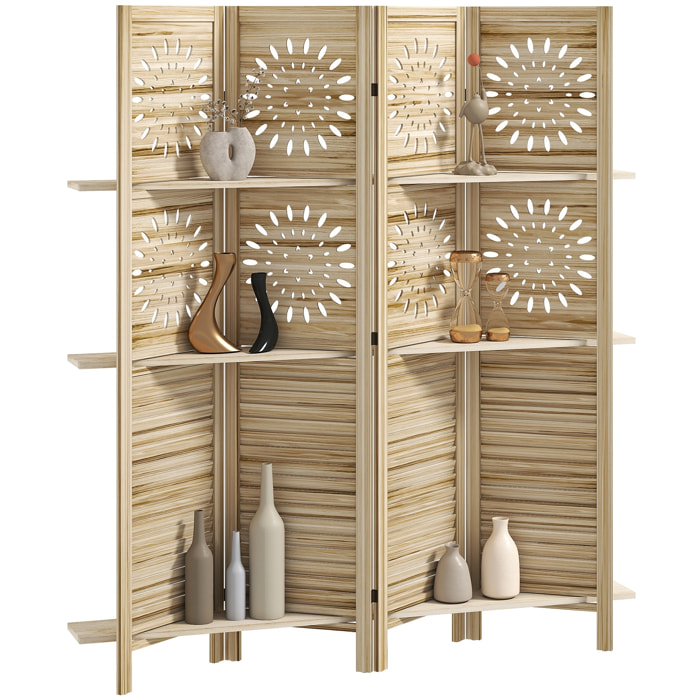 Paravent intérieur bois naturel 4 panneaux 3 étagères séparateur de pièce pliable 160 x 170 cm