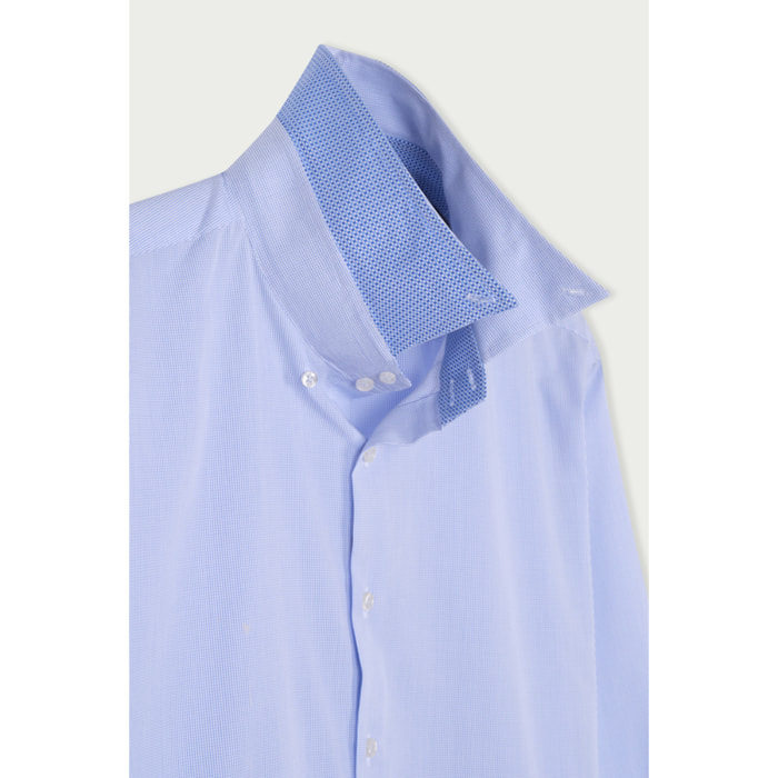 Camicia Uomo 2 Bottoni Button Down Slim Cotone Quadro Piccolo Bianco\Blu Inchiostro