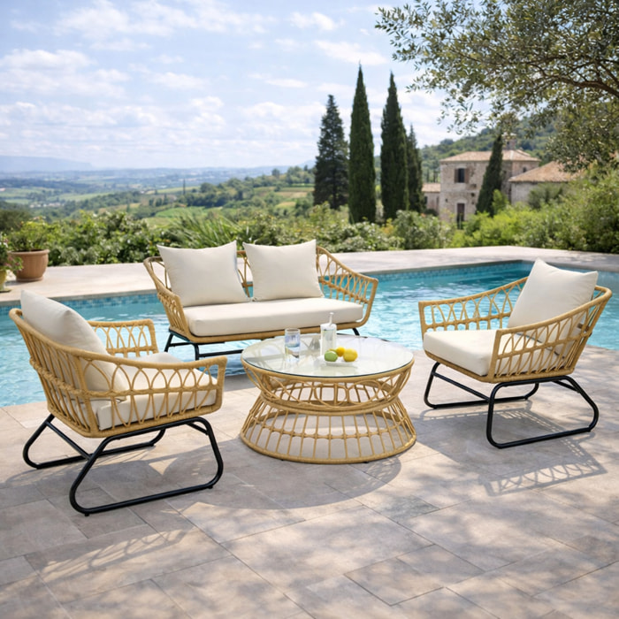 Salon de jardin 4 pièces – Design élégant – Plateau en verre