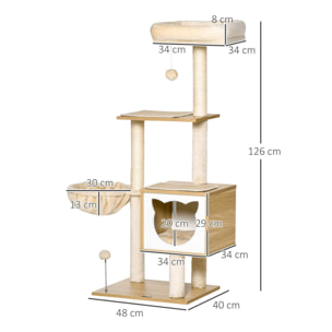 Árbol Rascador para Gatos con Plataforma Altura 126 cm Torre Escalador para Gatos con Hamaca Caseta Cama Postes de Sisal y Bolas para Jugar 48x40x126 cm Beige