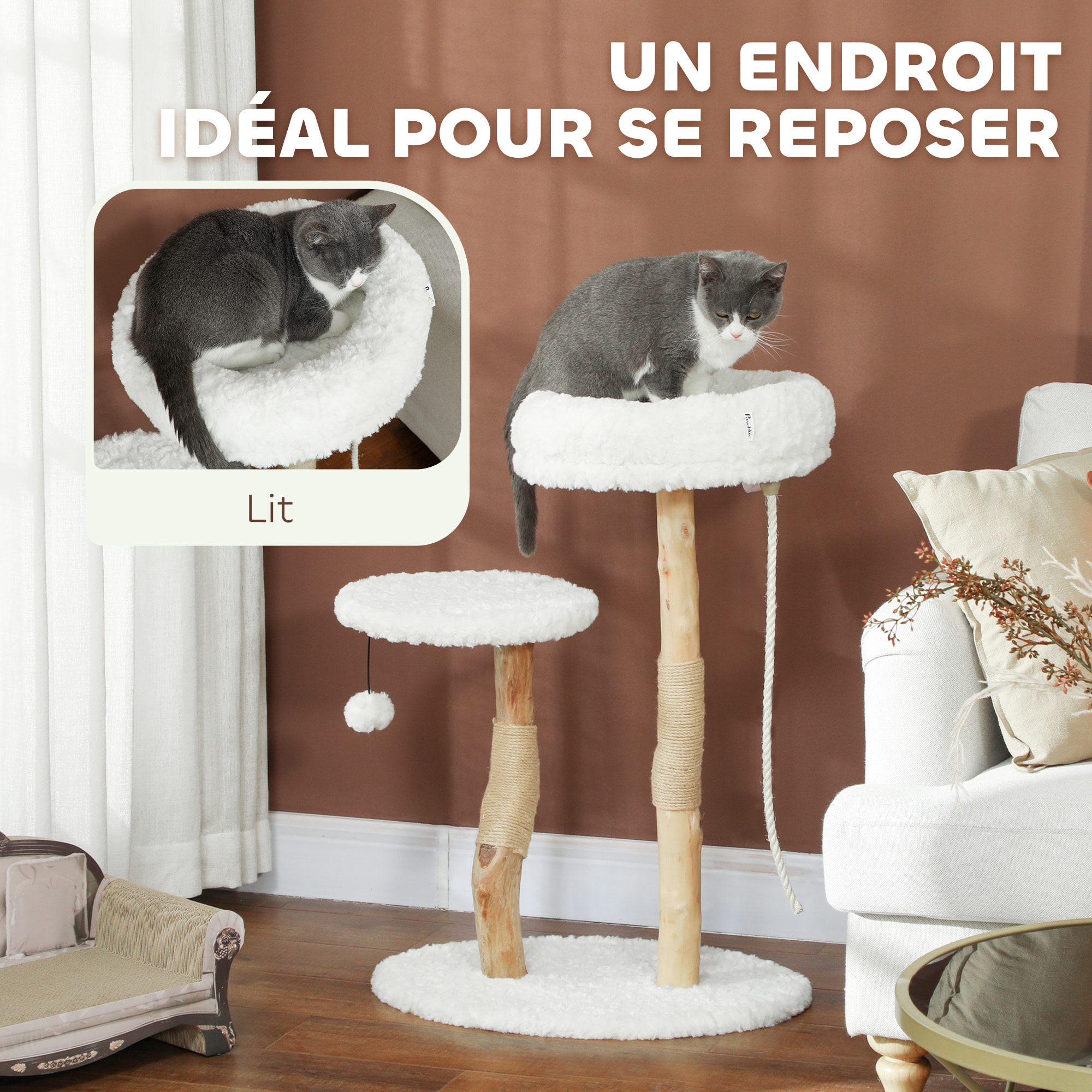 Arbre à chat style bohème chic H.85 cm plateforme panier observation corde boule bois naturel effet laine bouclée